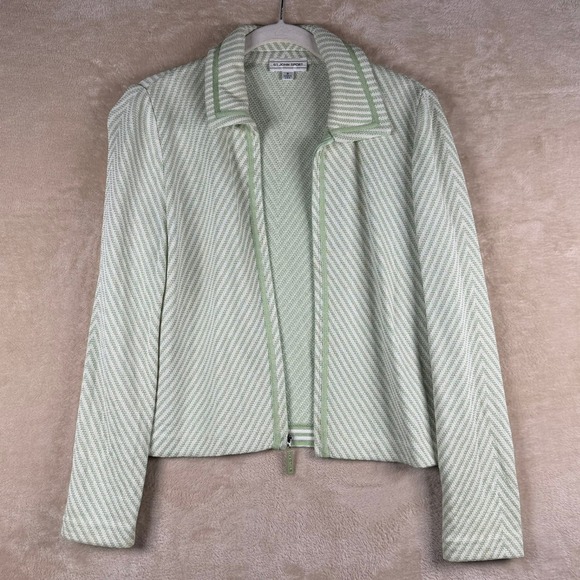 St John‎ Sport Knit Jacket Women's Green White Chevron Zip Up Blazer P